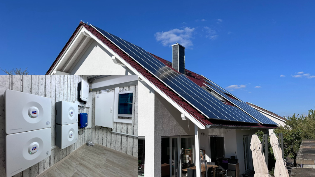 16.8 kWp Photovoltaikanlage mit Modulen von Heckert Solar, SMA STP 10.0 SE und SMA STP 6.0 sowie 13.1 kWh Speichersystem SMA Home Storage mit automatischer Backupumschaltung für das ganze Haus.